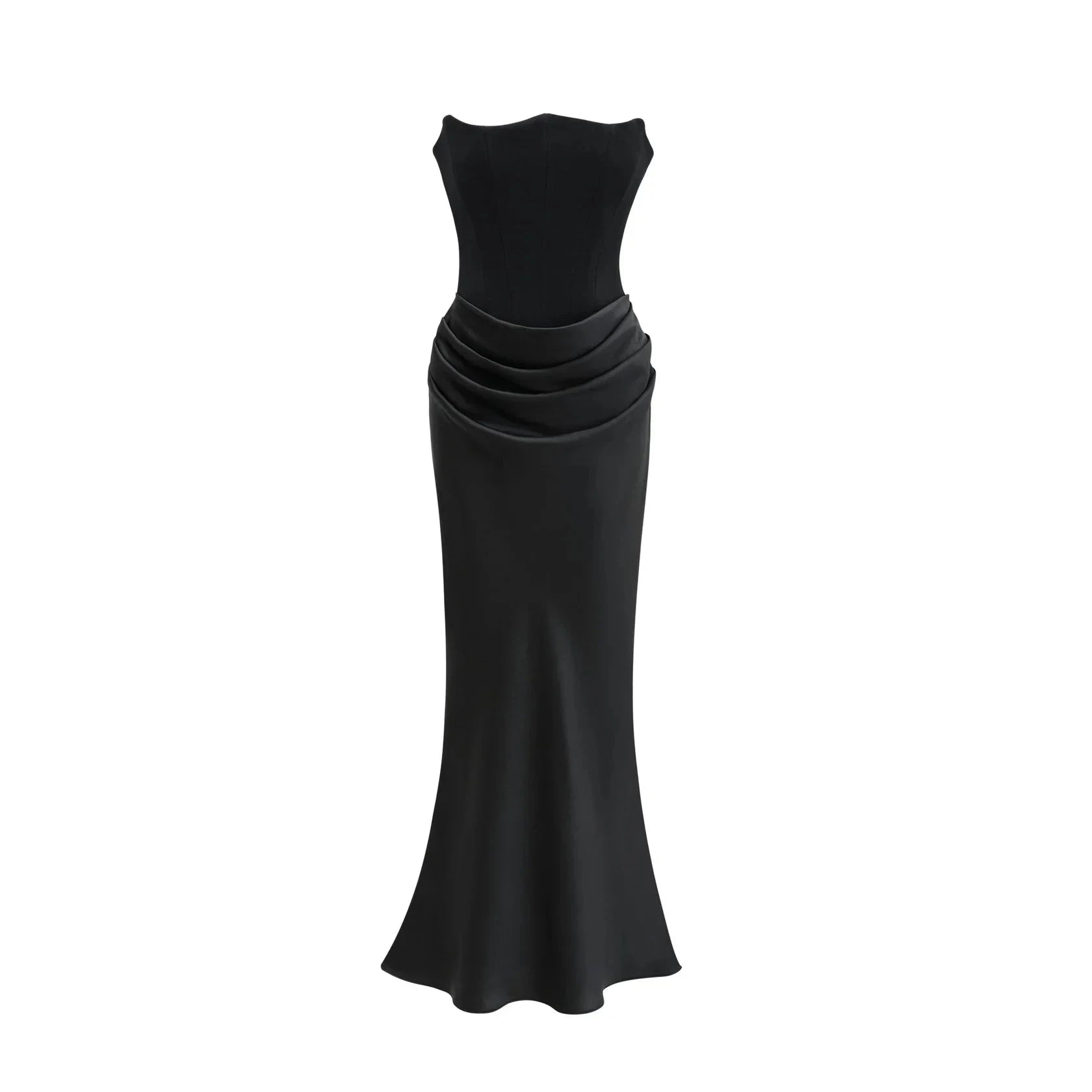 Black Strapless Satin Midi Dress with Ruffled Hem Aurore Off-Shoulder Maxi Dress Evening Dress by YiHuiw