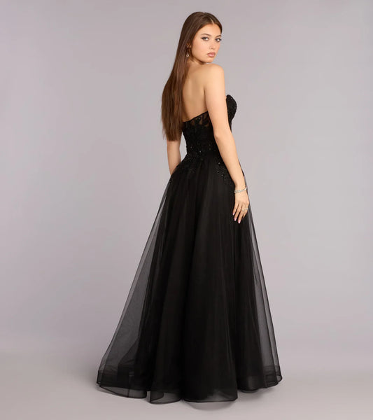 Black A-Line Strapless Tulle Lace-Up Back Floor-Length Wedding Dress - Yihuiw by Yihuiw
