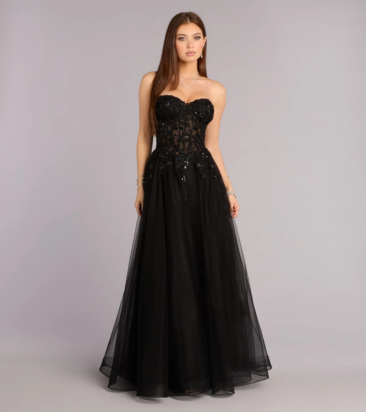 Black A-Line Strapless Tulle Lace-Up Back Floor-Length Wedding Dress - Yihuiw by Yihuiw