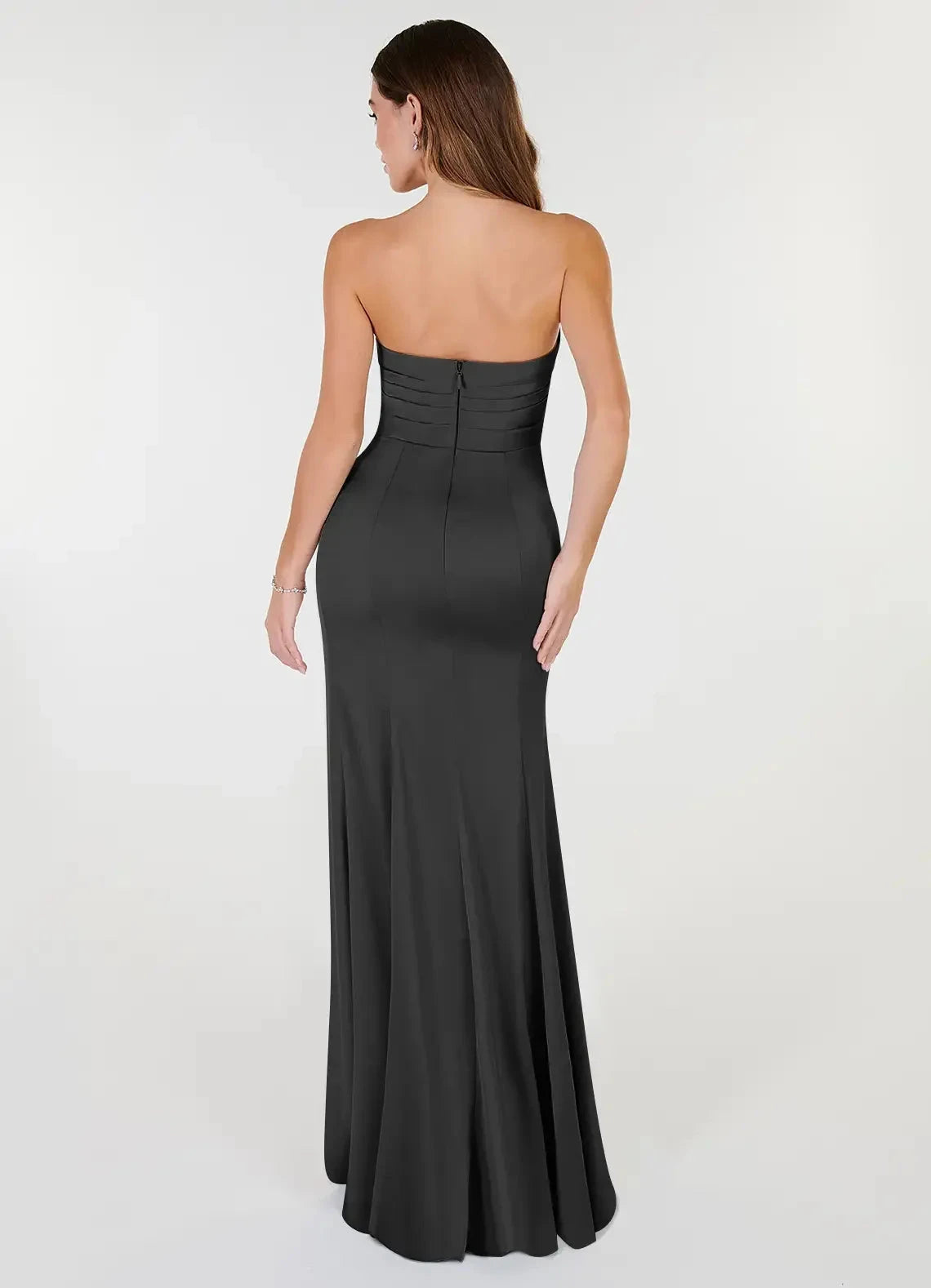 Black Strapless Sweetheart Neck Maxi Dress with Side Slit Sheath V-Neck Pleated Stretch Satin Convertible Dress Bridesmaid Dresses by YiHuiw
