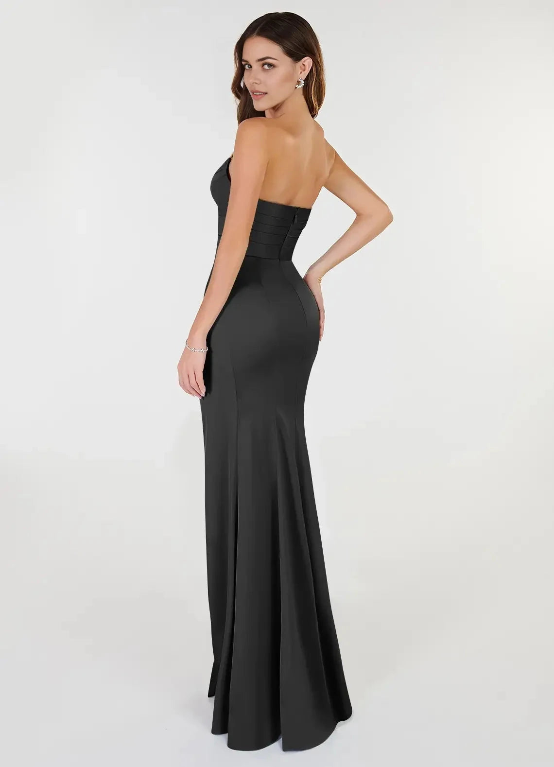 Black Strapless Sweetheart Neck Maxi Dress with Side Slit Sheath V-Neck Pleated Stretch Satin Convertible Dress Bridesmaid Dresses by YiHuiw