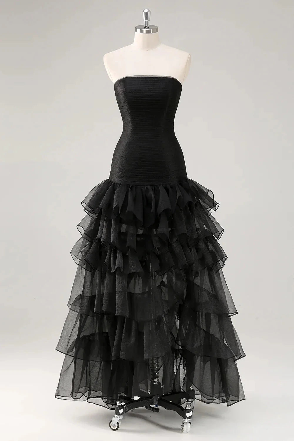 Black Strapless Tiered Ruffle Evening Gown Black Strapless Tulle Tiered Ruffles Formal Dress Evening Dress by YiHuiw