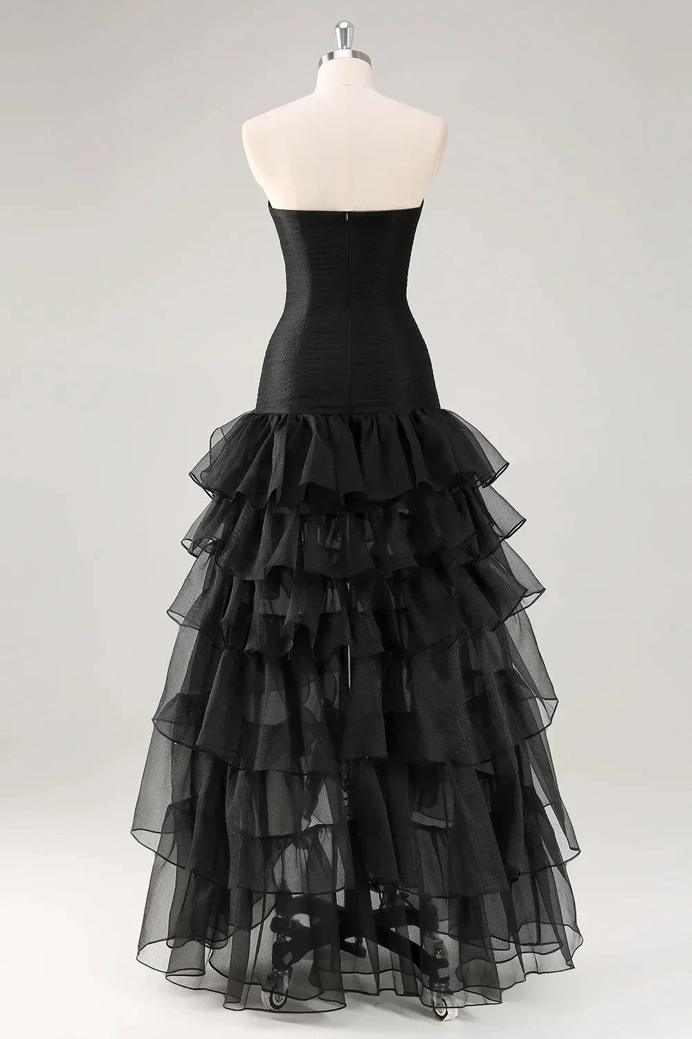 Black Strapless Tiered Ruffle Evening Gown Black Strapless Tulle Tiered Ruffles Formal Dress Evening Dress by YiHuiw