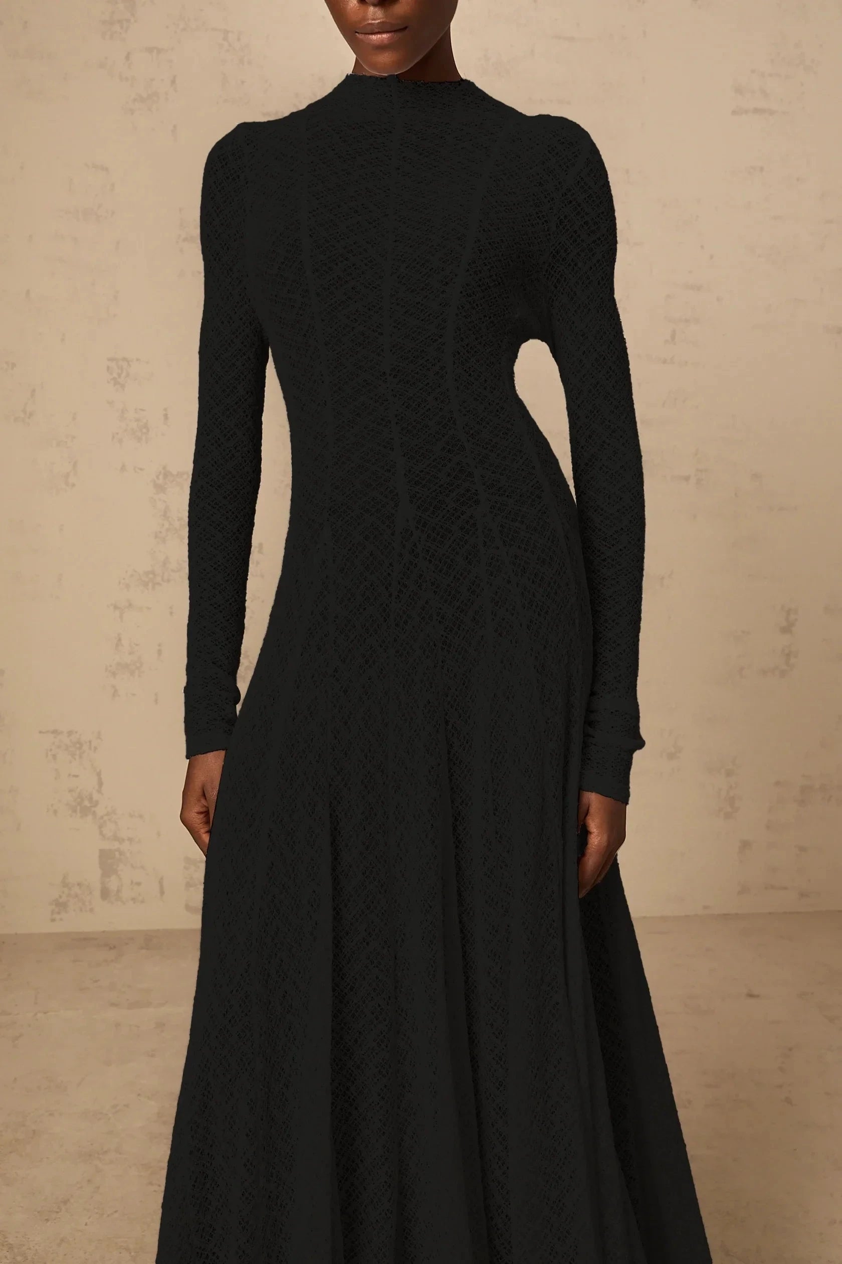 Black Textured Mock Neck Long Sleeve Maxi Dress Athena wavy-pattern lace maxi dress in Black Evening Dress by YiHuiw