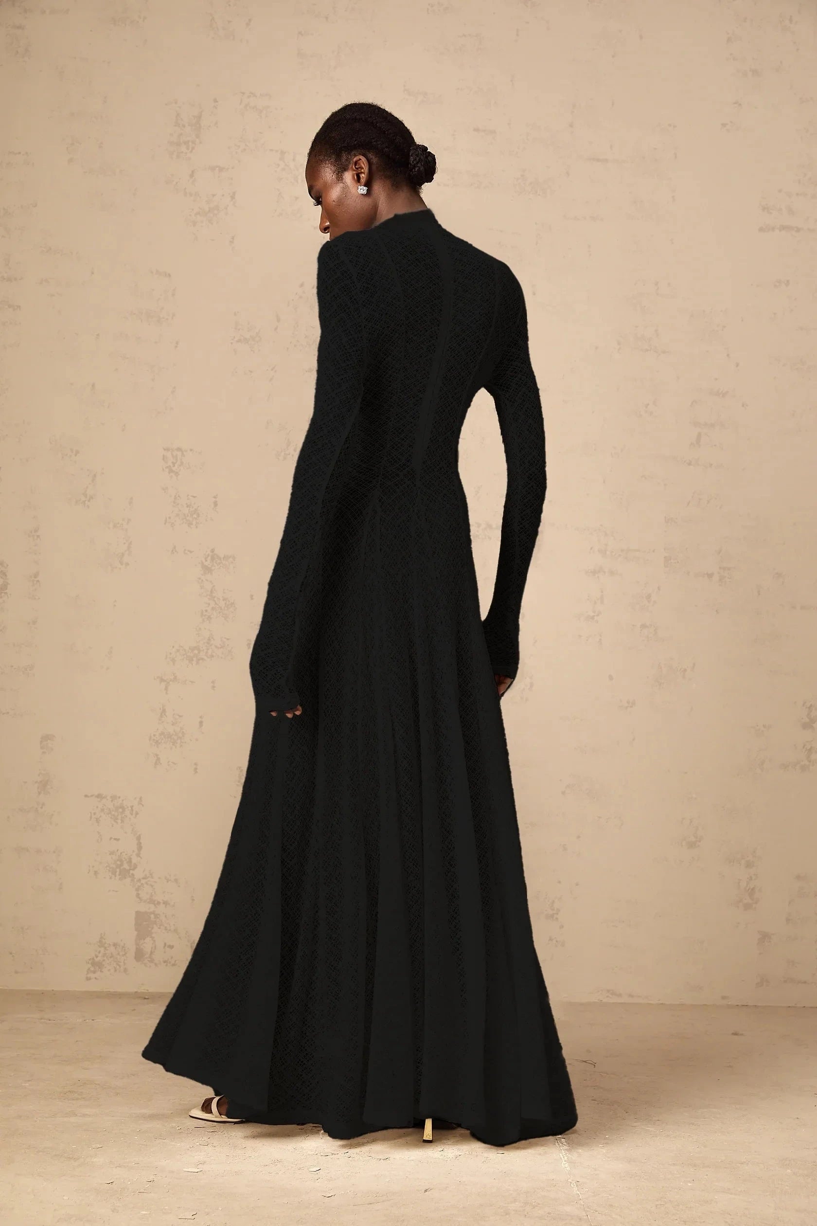 Black Textured Mock Neck Long Sleeve Maxi Dress Athena wavy-pattern lace maxi dress in Black Evening Dress by YiHuiw