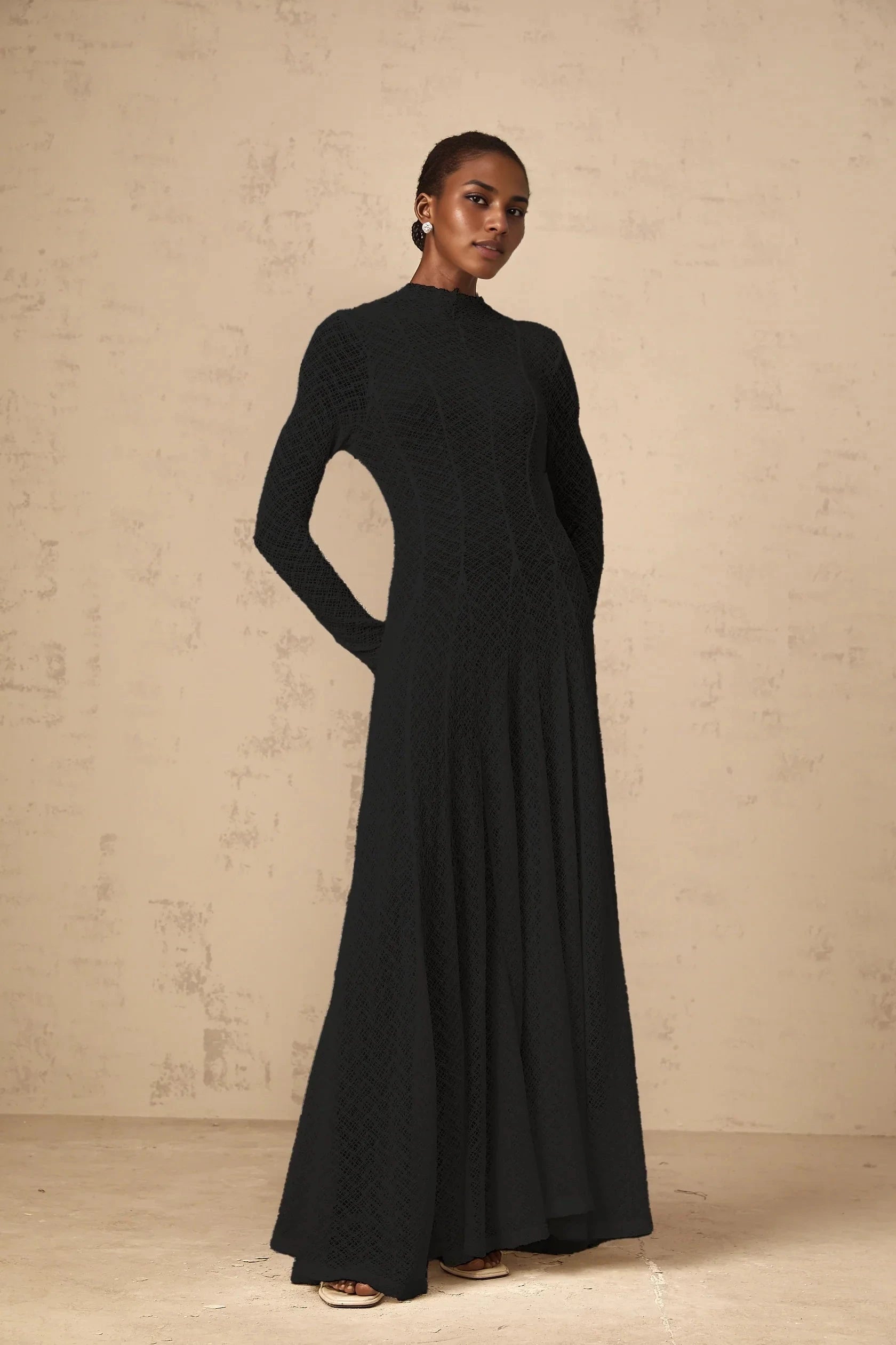 Black Textured Mock Neck Long Sleeve Maxi Dress Athena wavy-pattern lace maxi dress in Black Evening Dress by YiHuiw