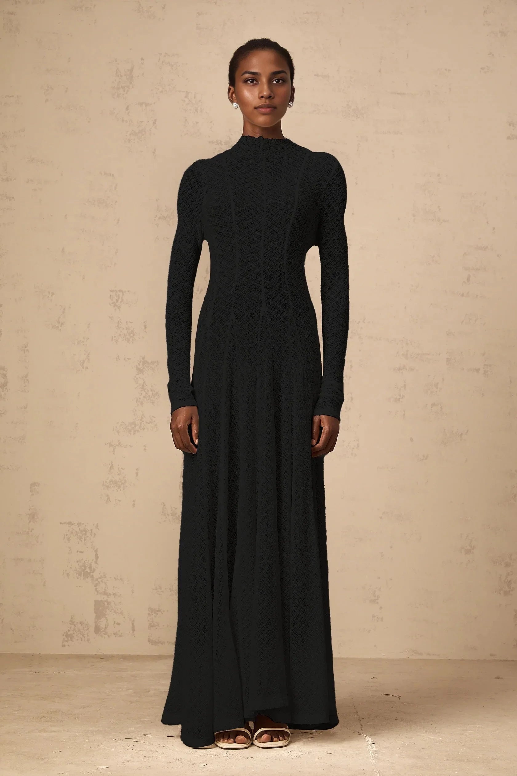 Black Textured Mock Neck Long Sleeve Maxi Dress Athena wavy-pattern lace maxi dress in Black Evening Dress by YiHuiw