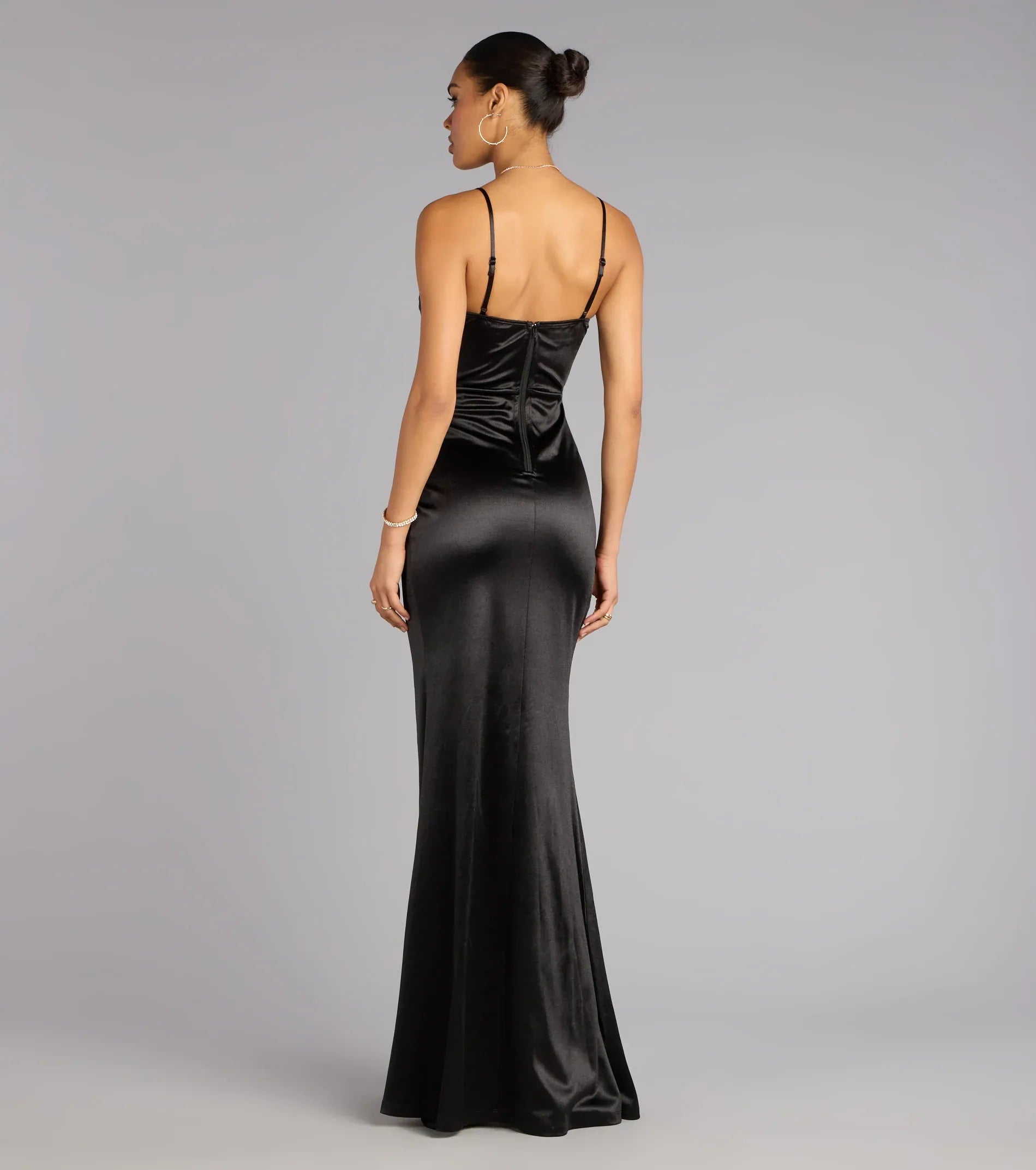 Black Mermaid Spaghetti Strap Satin Lace-Up Back High Slit Floor-Length Wedding Dress - Yihuiw by Yihuiw