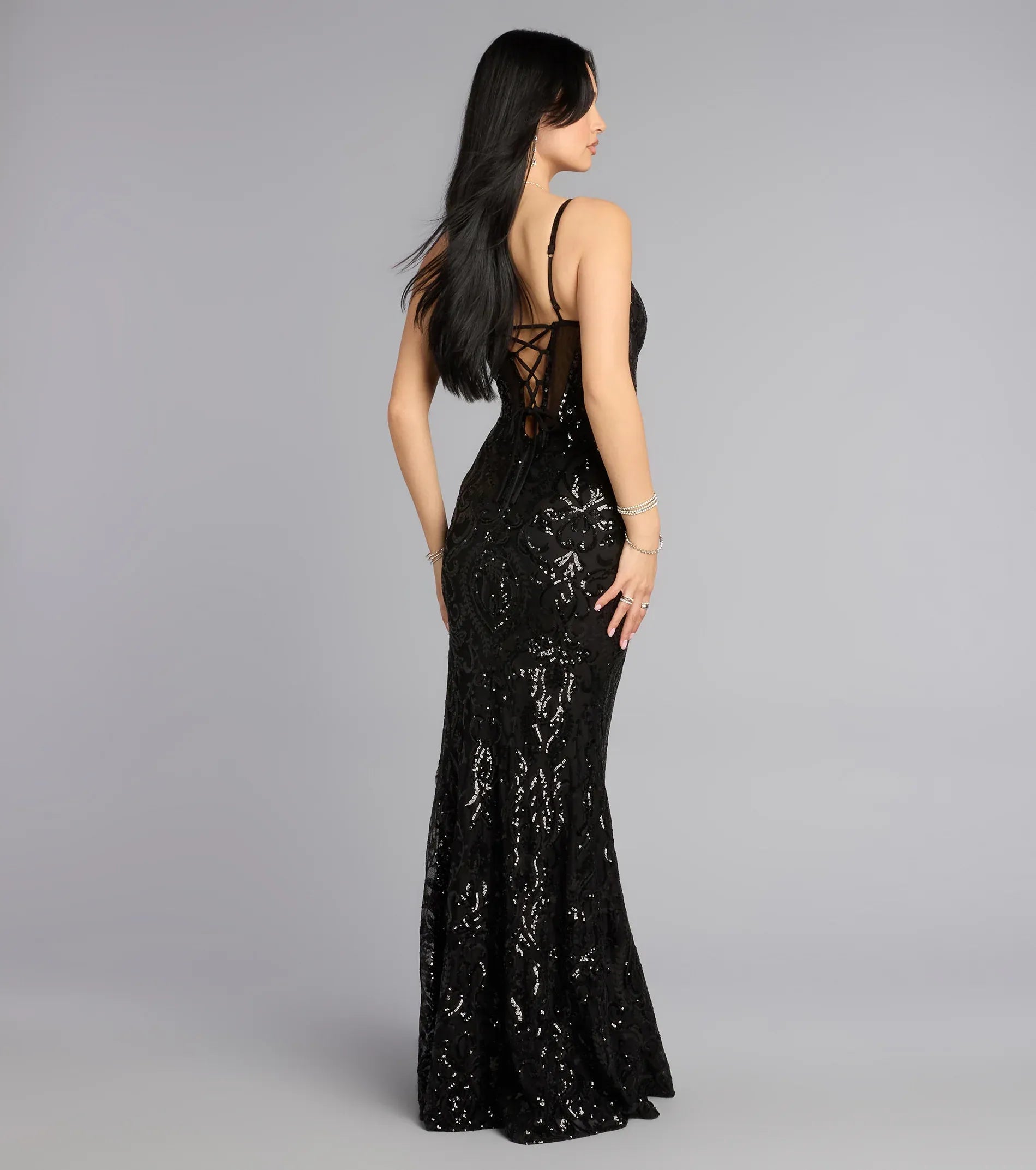 Black Mermaid Spaghetti Strap Lace Lace-Up Back High Slit Floor-Length Wedding Dress - Yihuiw by Yihuiw