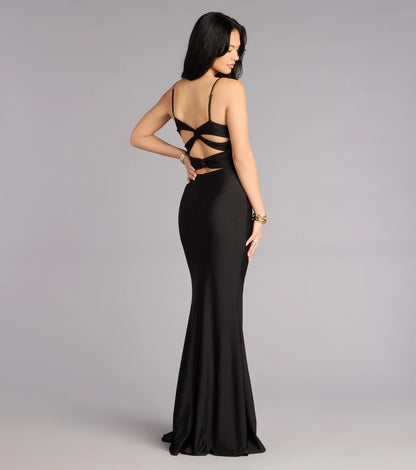 Black Mermaid V-Neck Cutout Floor-Length Wedding Dress - Yihuiw by Yihuiw
