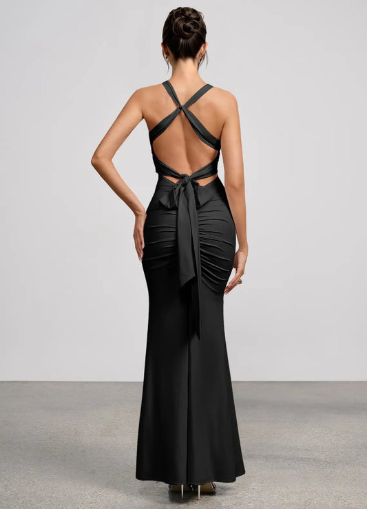 Black Mermaid Ruched Floor-Length Wedding Dress - Yihuiw by Yihuiw