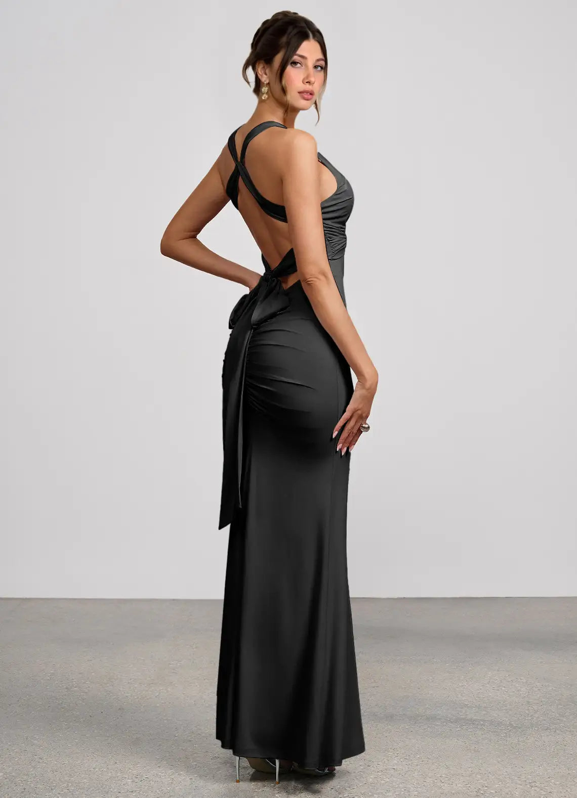 Black Mermaid Ruched Floor-Length Wedding Dress - Yihuiw by Yihuiw