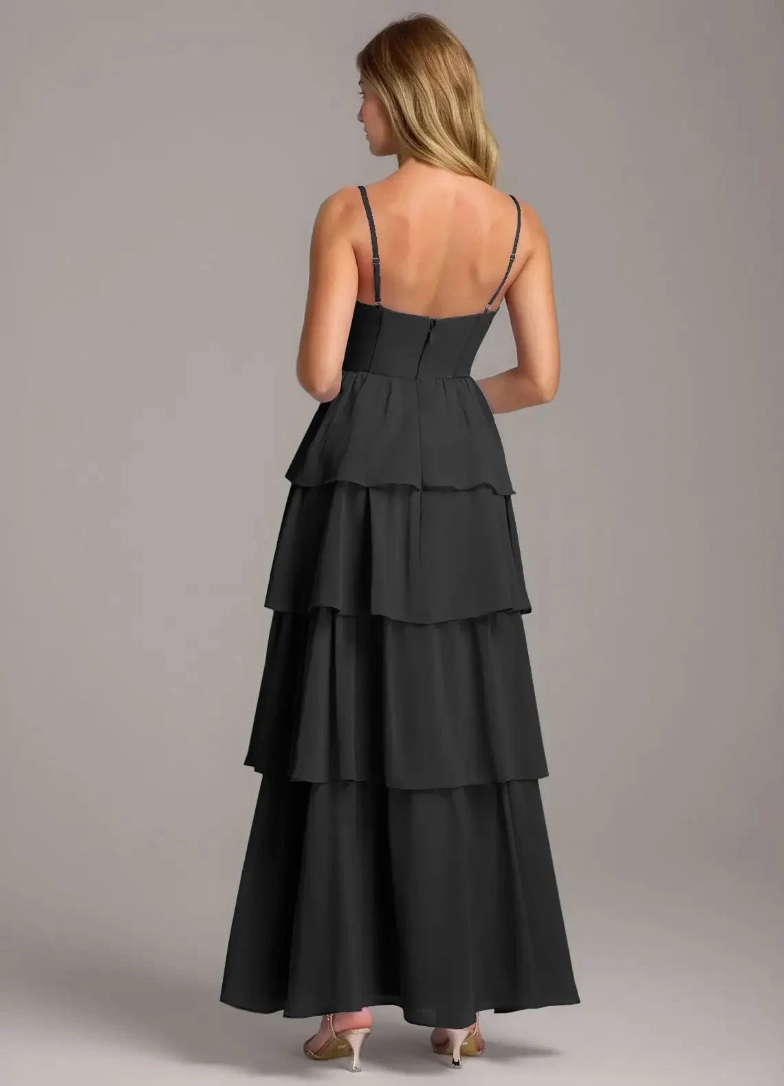 Black Tiered Chiffon Maxi Dress with Spaghetti Straps A-Line Sweetheart Neckline Chiffon Dress Bridesmaid Dresses by YiHuiw