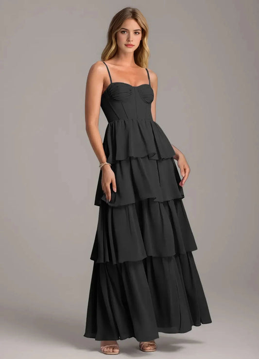 Black Tiered Chiffon Maxi Dress with Spaghetti Straps A-Line Sweetheart Neckline Chiffon Dress Bridesmaid Dresses by YiHuiw