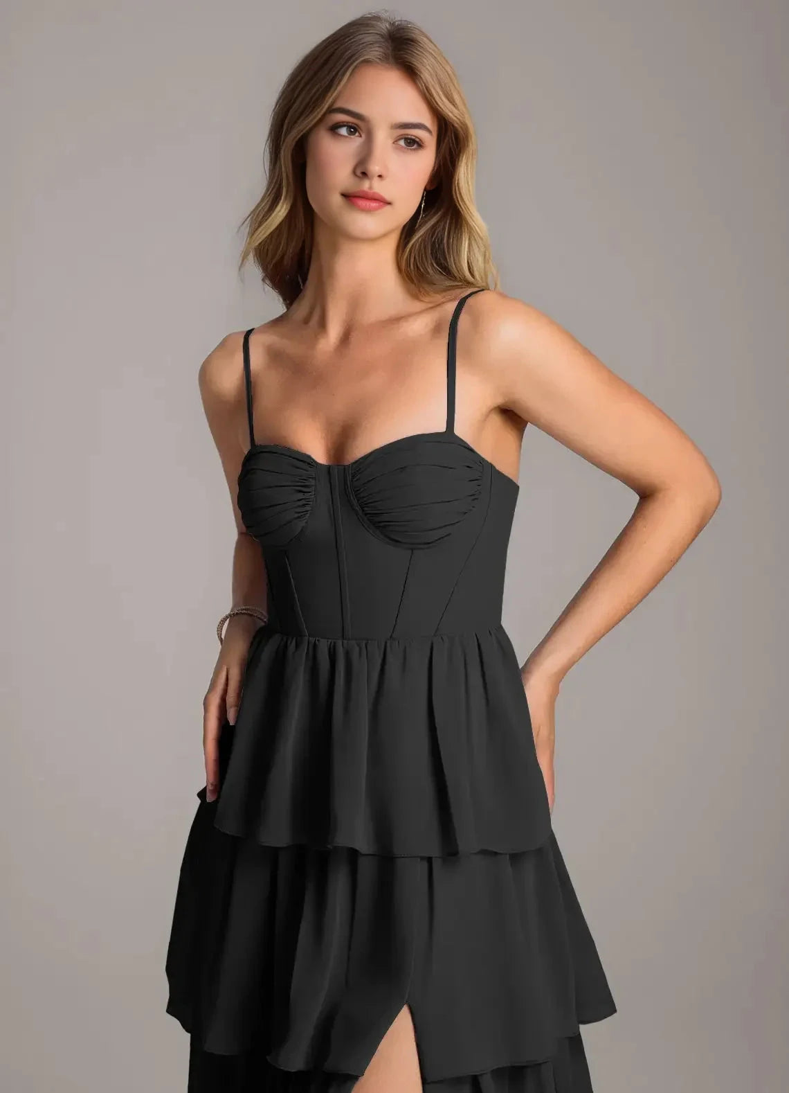 Black Tiered Chiffon Maxi Dress with Spaghetti Straps A-Line Sweetheart Neckline Chiffon Dress Bridesmaid Dresses by YiHuiw