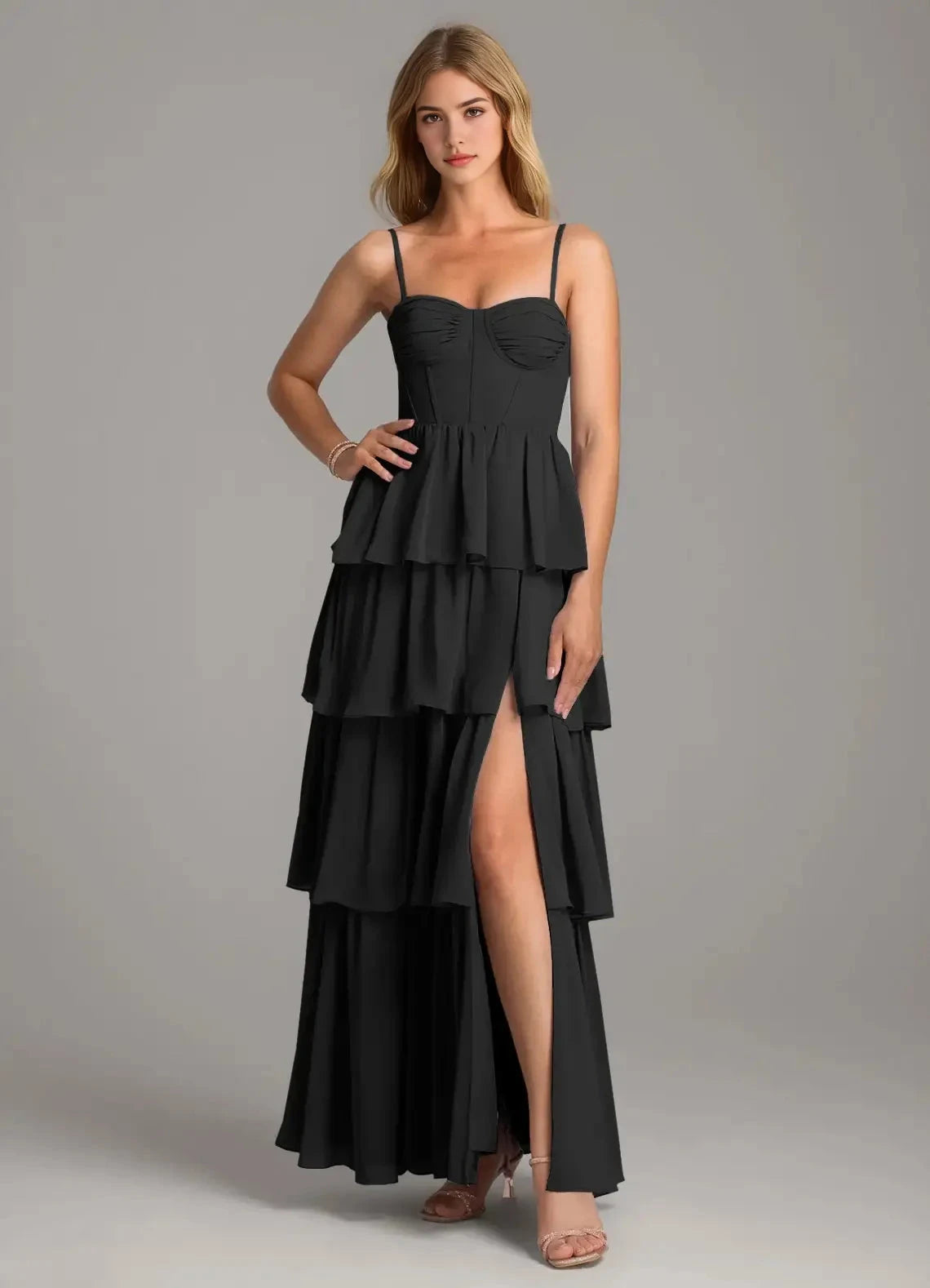 Black Tiered Chiffon Maxi Dress with Spaghetti Straps A-Line Sweetheart Neckline Chiffon Dress Bridesmaid Dresses by YiHuiw