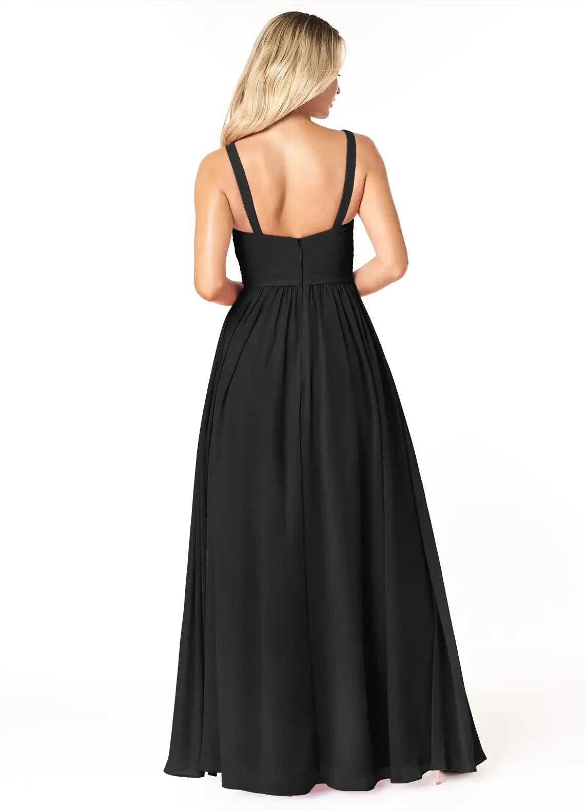 Black V-Neck Chiffon Maxi Dress with Side Slit and Thin Straps Black A-Line Pleated Chiffon Dress Bridesmaid Dresses by YiHuiw