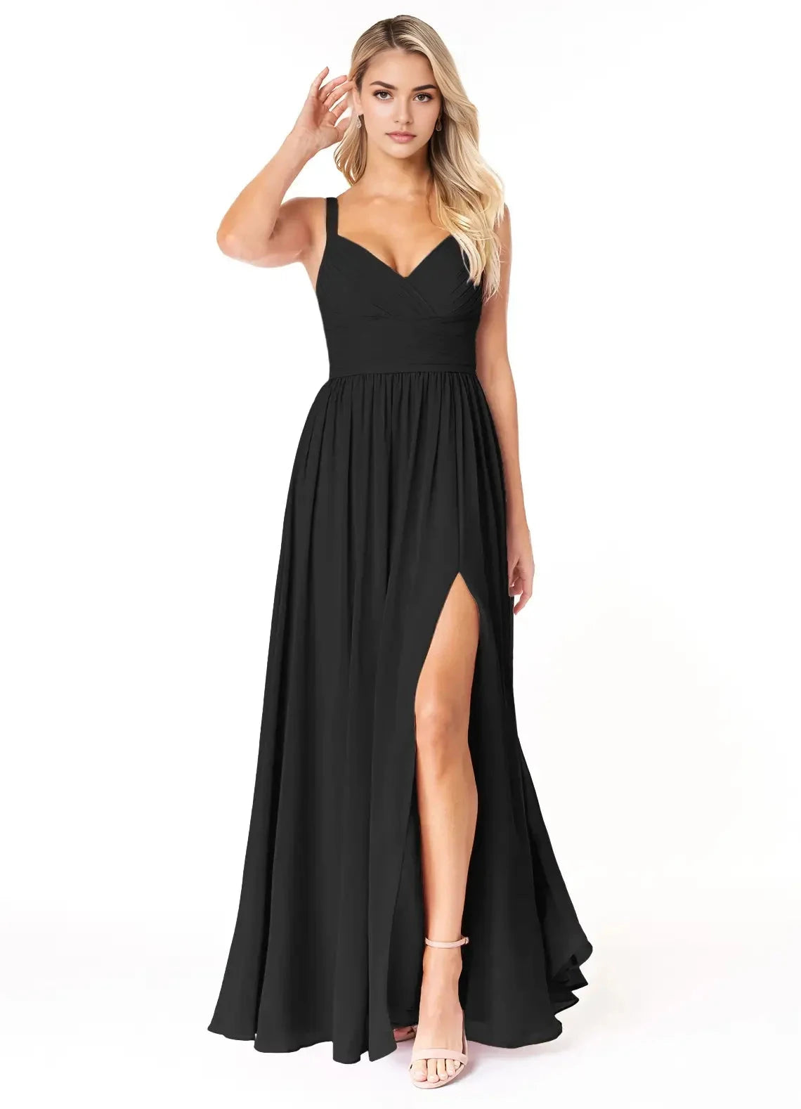 Black V-Neck Chiffon Maxi Dress with Side Slit and Thin Straps Black A-Line Pleated Chiffon Dress Bridesmaid Dresses by YiHuiw