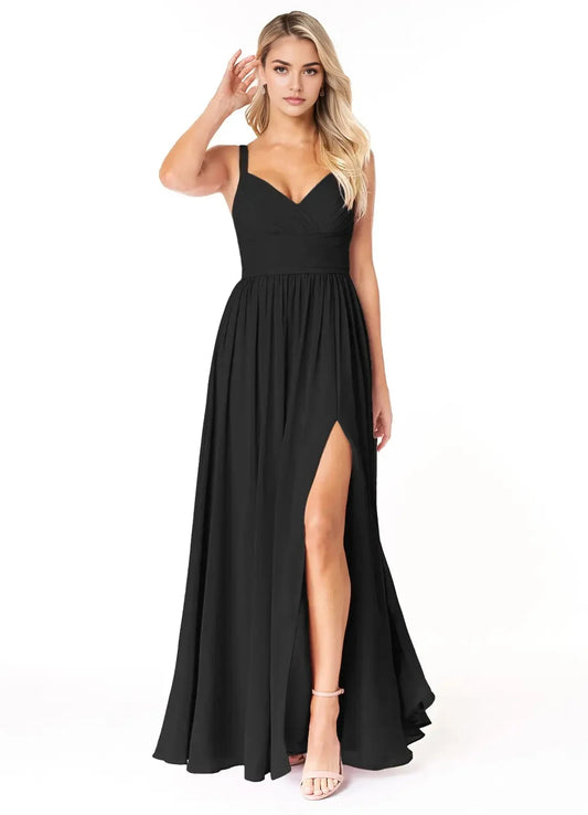 Black V-Neck Chiffon Maxi Dress with Side Slit and Thin Straps Black A-Line Pleated Chiffon Dress Bridesmaid Dresses by YiHuiw