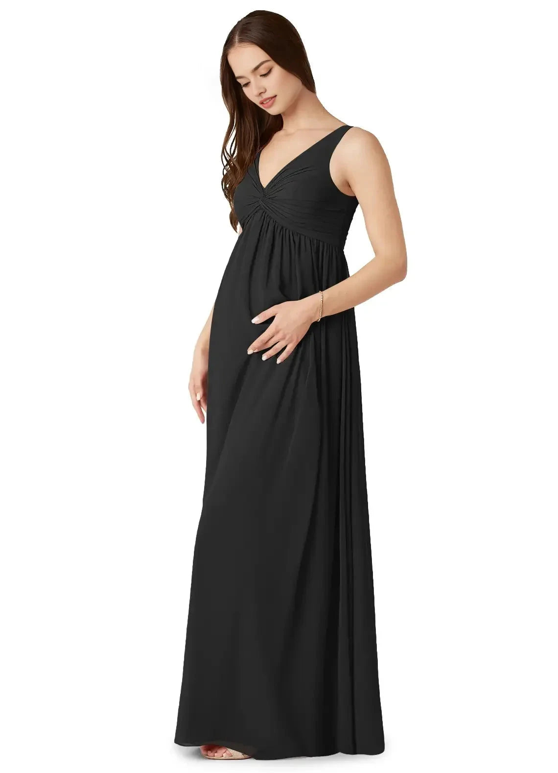 Black V-Neck Maternity Maxi Dress with Ruched Detail A-Line V-Neck Gathered Chiffon Floor-Length Dress black Bridesmaid Dresses by YiHuiw