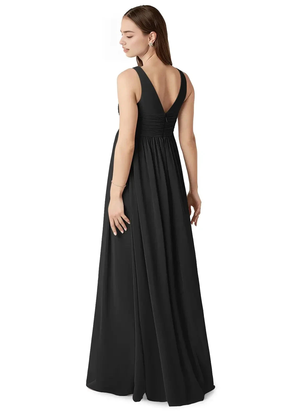 Black V-Neck Maternity Maxi Dress with Ruched Detail A-Line V-Neck Gathered Chiffon Floor-Length Dress black Bridesmaid Dresses by YiHuiw