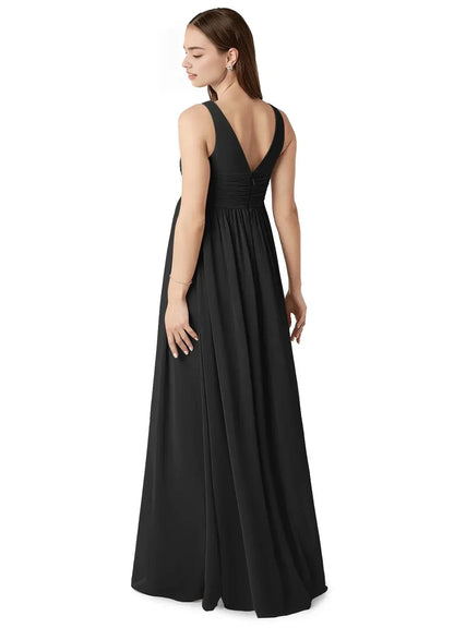 Black V-Neck Maternity Maxi Dress with Ruched Detail A-Line V-Neck Gathered Chiffon Floor-Length Dress black Bridesmaid Dresses by YiHuiw