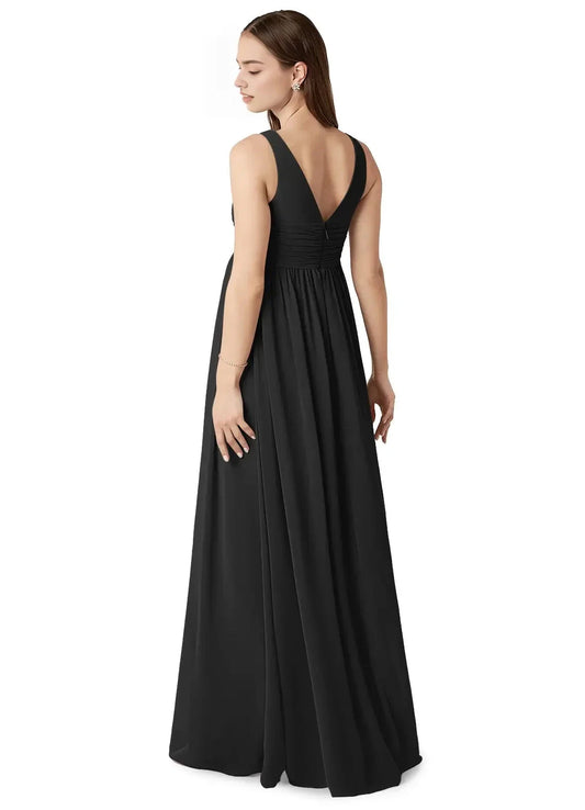 Black V-Neck Maternity Maxi Dress with Ruched Detail A-Line V-Neck Gathered Chiffon Floor-Length Dress black Bridesmaid Dresses by YiHuiw
