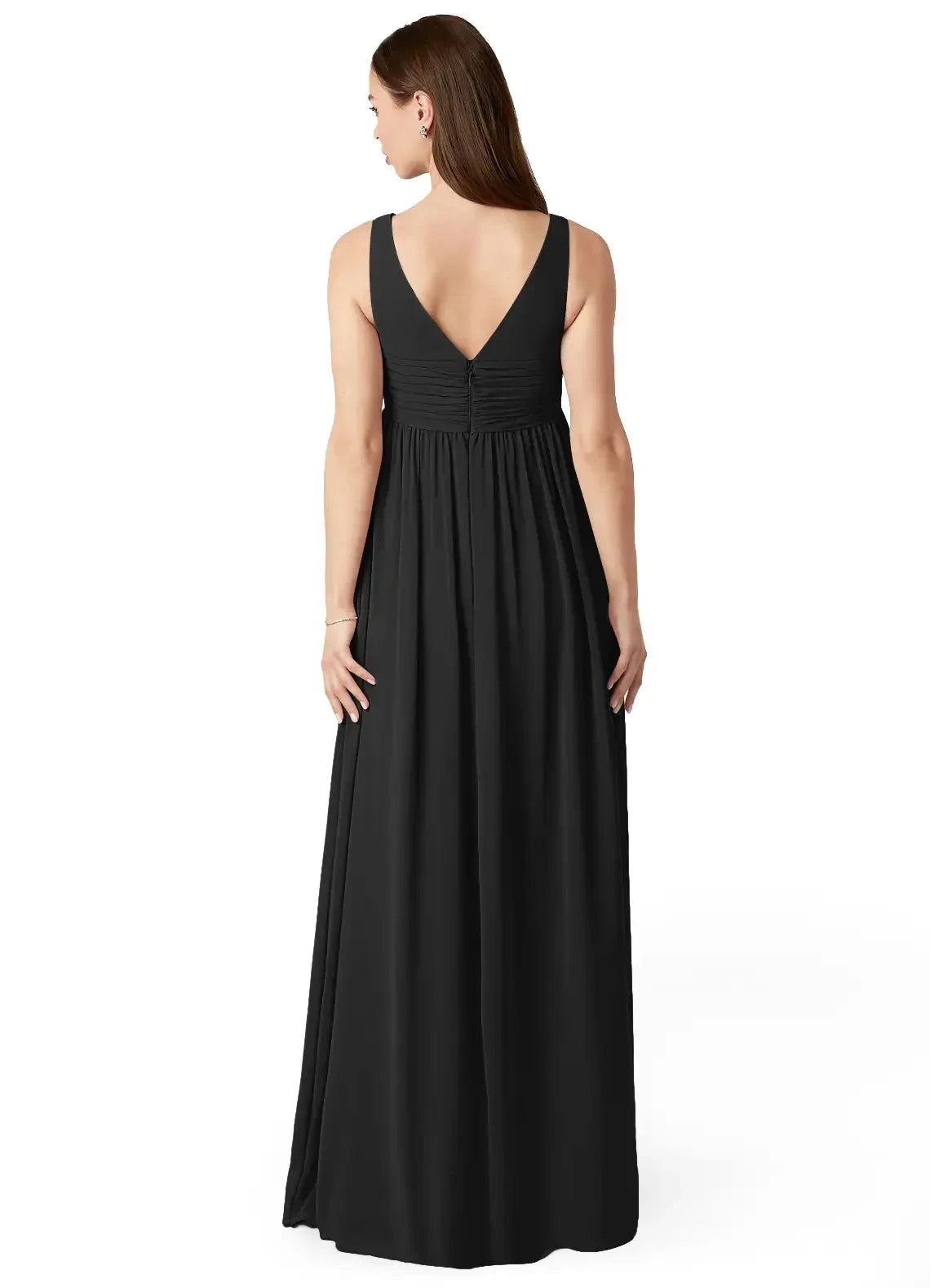 Black V-Neck Maternity Maxi Dress with Ruched Detail A-Line V-Neck Gathered Chiffon Floor-Length Dress black Bridesmaid Dresses by YiHuiw
