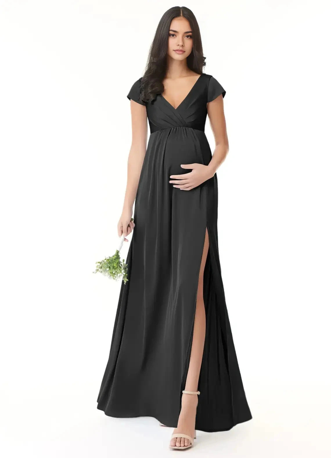 Black V-Neck Maternity Maxi Dress with Side Slit A-Line Pleated Stretch Satin Floor-Length Dress black Bridesmaid Dresses by YiHuiw
