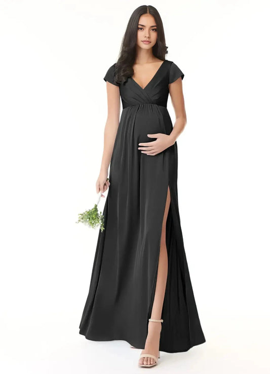 Black V-Neck Maternity Maxi Dress with Side Slit A-Line Pleated Stretch Satin Floor-Length Dress black Bridesmaid Dresses by YiHuiw