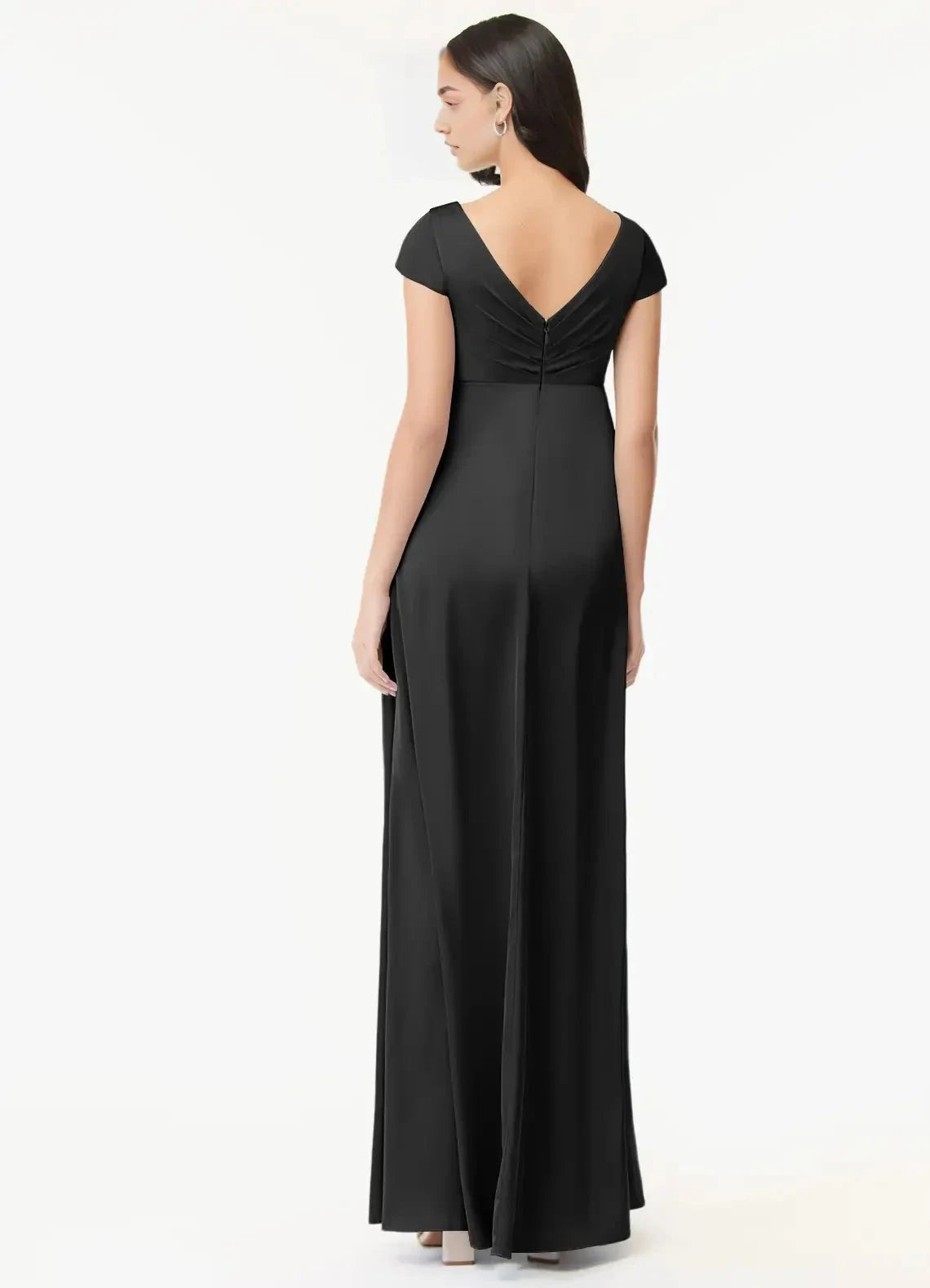 Black V-Neck Maternity Maxi Dress with Side Slit A-Line Pleated Stretch Satin Floor-Length Dress black Bridesmaid Dresses by YiHuiw