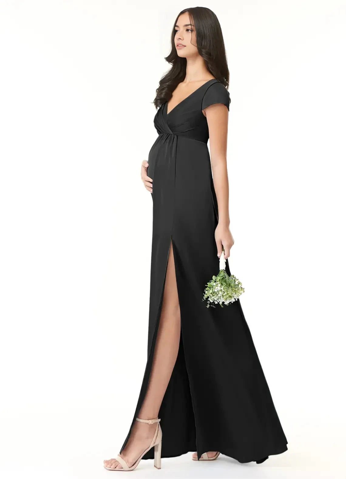 Black V-Neck Maternity Maxi Dress with Side Slit A-Line Pleated Stretch Satin Floor-Length Dress black Bridesmaid Dresses by YiHuiw