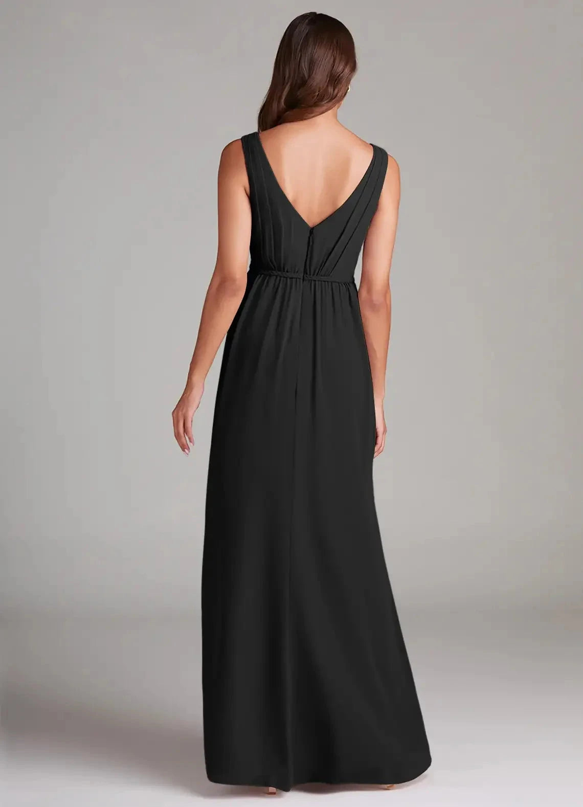 Black V-Neck Maxi Dress with Side Slit and Open Back A-Line Pleated Chiffon Dress Bridesmaid Dresses by YiHuiw