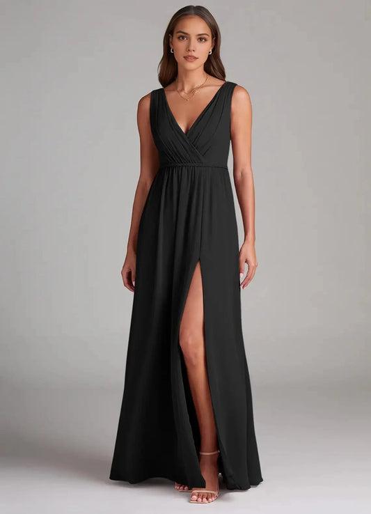 Black V-Neck Maxi Dress with Side Slit and Open Back A-Line Pleated Chiffon Dress Bridesmaid Dresses by YiHuiw