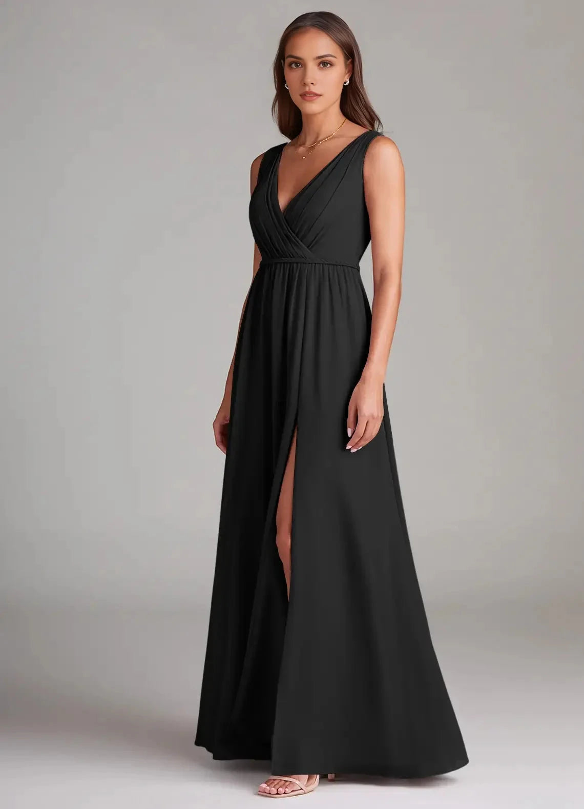 Black V-Neck Maxi Dress with Side Slit and Open Back A-Line Pleated Chiffon Dress Bridesmaid Dresses by YiHuiw
