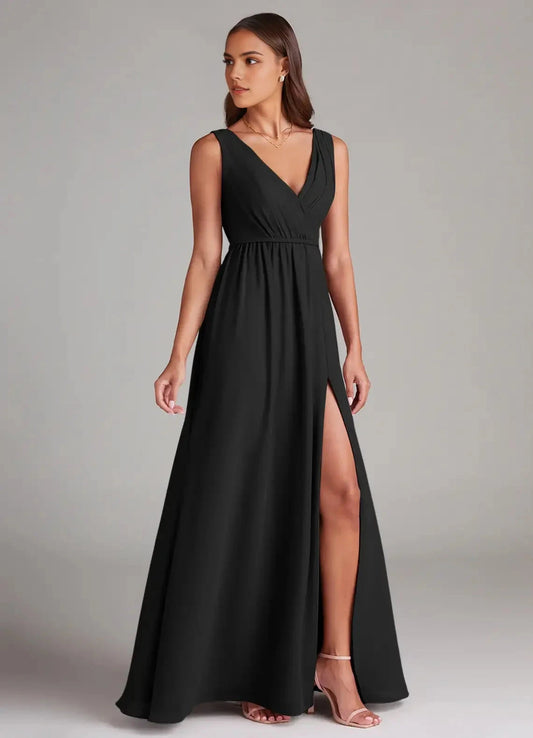Black V-Neck Maxi Dress with Side Slit and Open Back A-Line Pleated Chiffon Dress Bridesmaid Dresses by YiHuiw