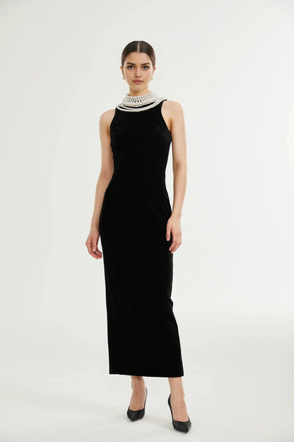 Black Velvet Maxi Dress with Pearl Embellished Neckline Lucena faux pearl-embellished velvet dress Evening Dress by YiHuiw