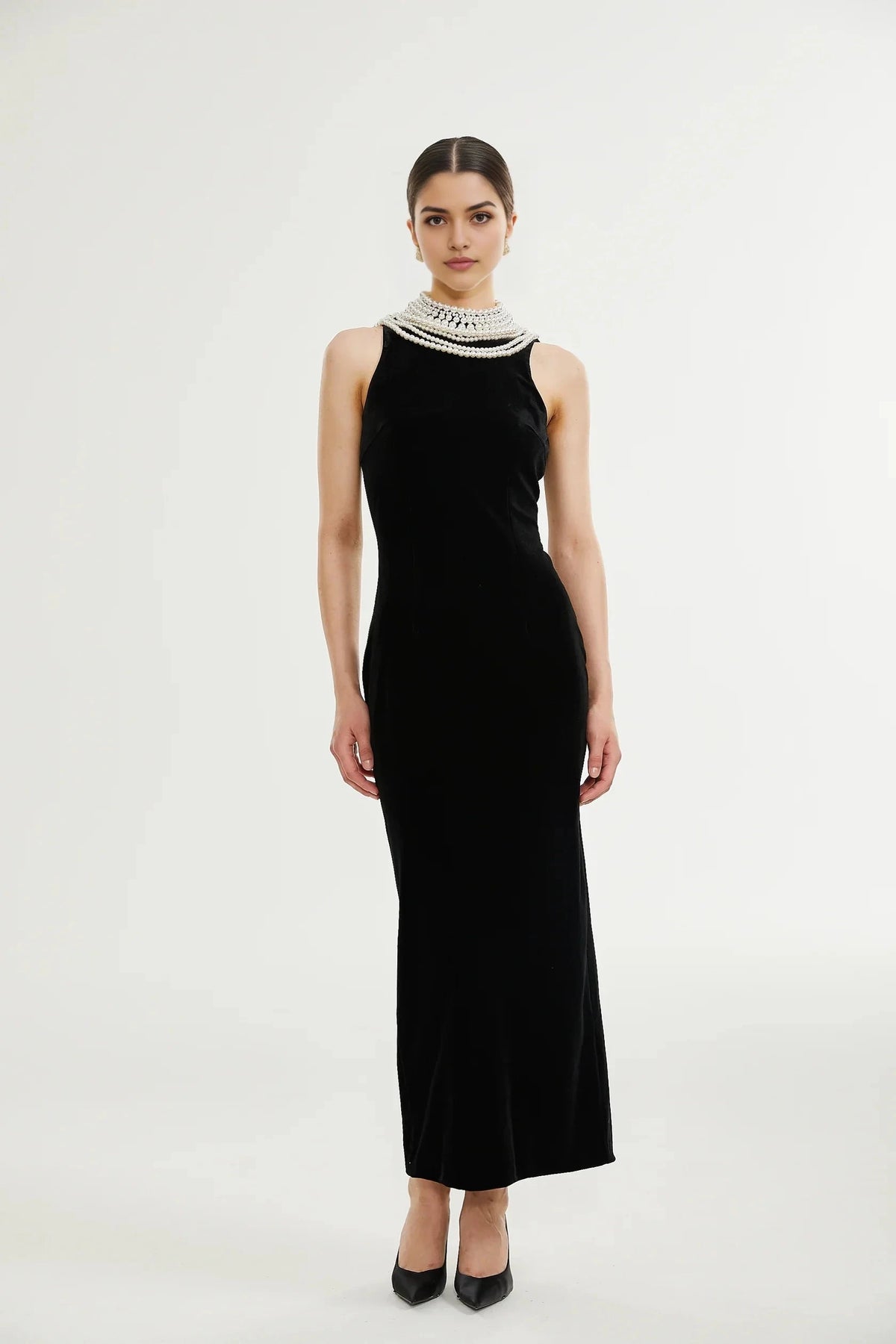 Black Velvet Maxi Dress with Pearl Embellished Neckline Lucena faux pearl-embellished velvet dress Evening Dress by YiHuiw