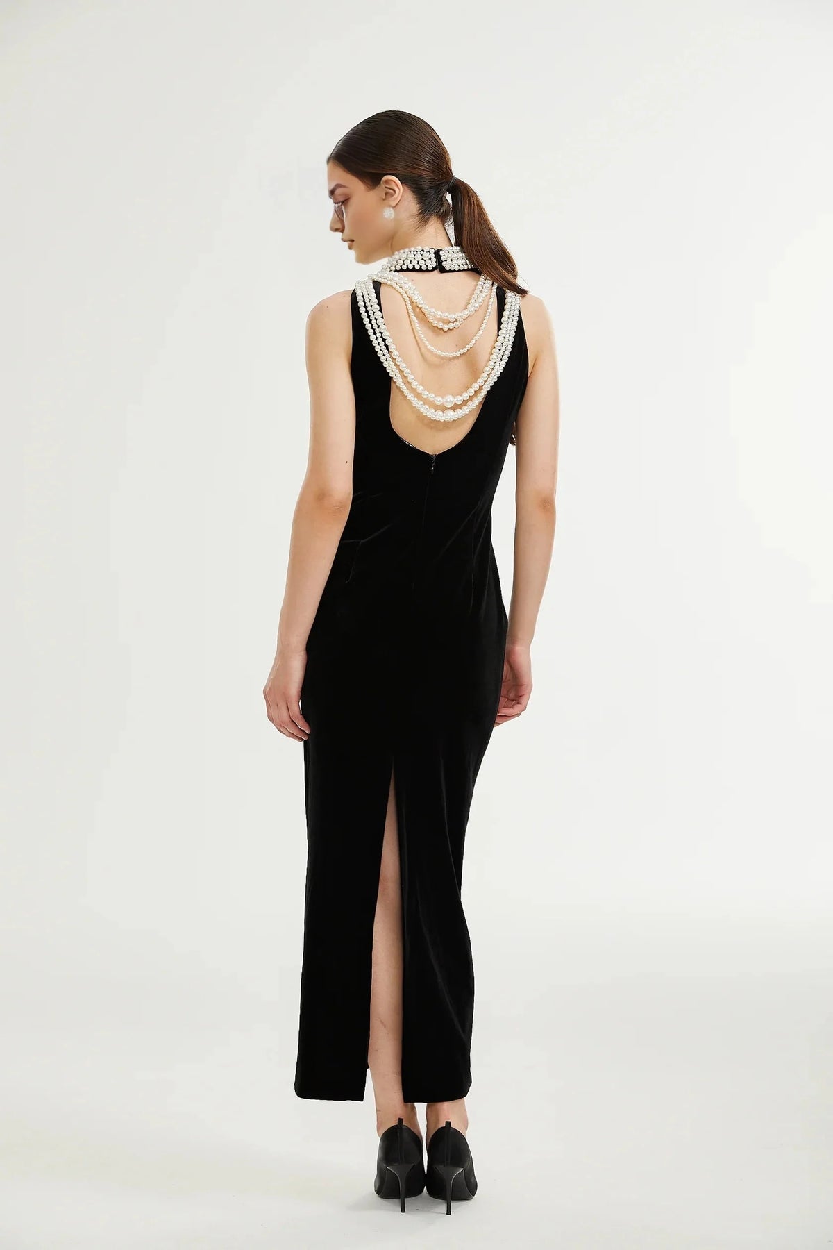 Black Velvet Maxi Dress with Pearl Embellished Neckline Lucena faux pearl-embellished velvet dress Evening Dress by YiHuiw
