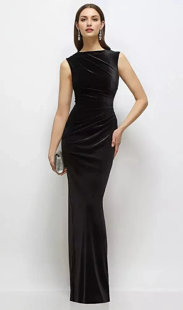 Black Velvet Ruched Sleeveless Maxi Dress Wrinkle Design Mother of the Bride Dresses by YiHuiw