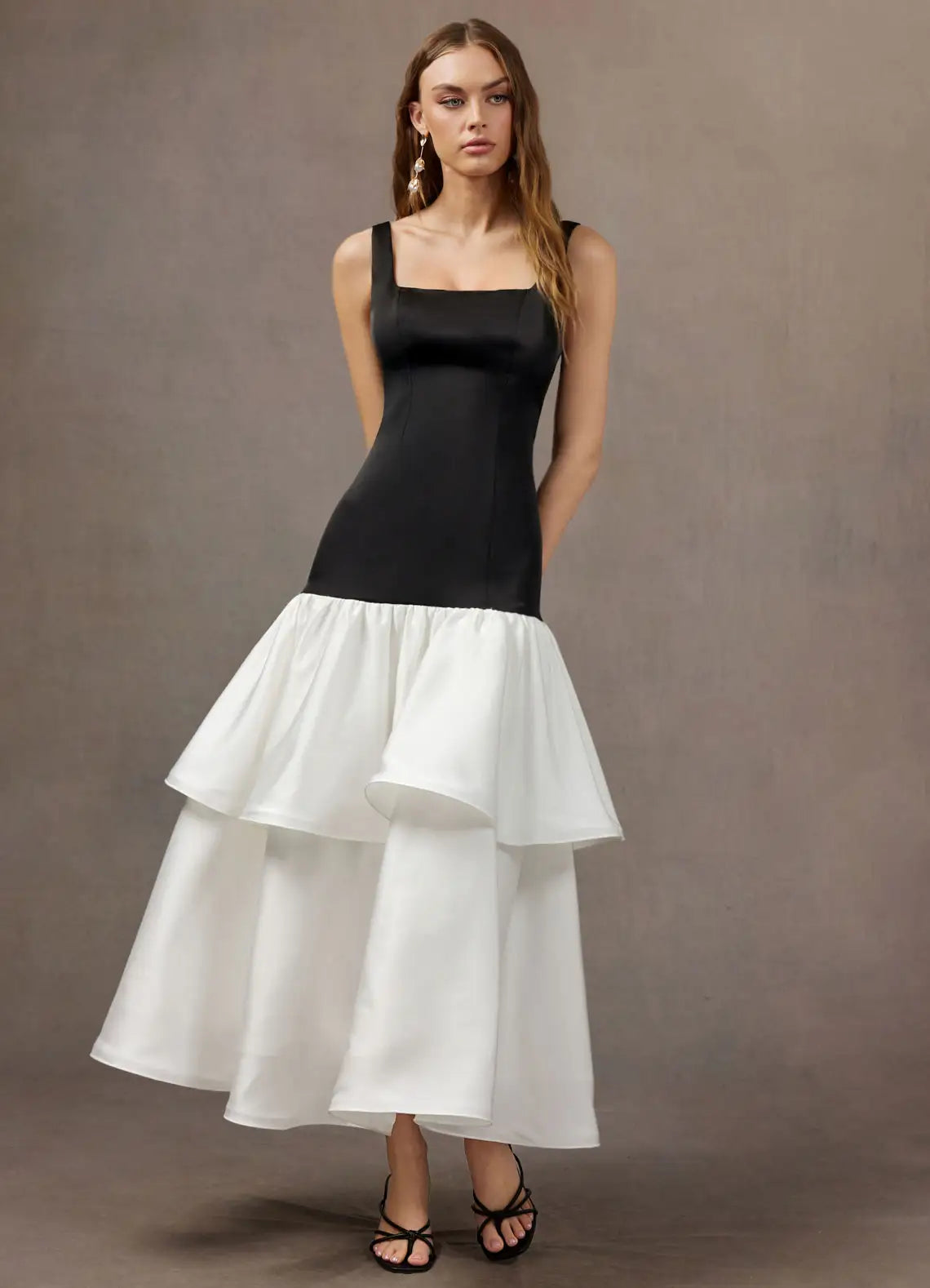 Black Square Neck Satin Ruffled Midi Wedding Dress - Yihuiw by Yihuiw