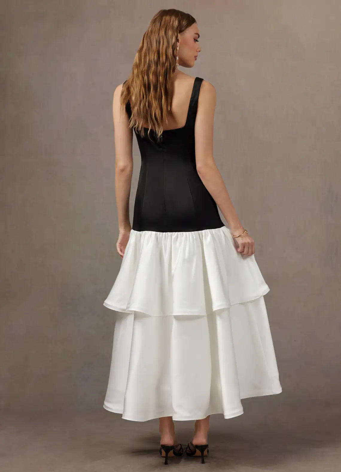Black Square Neck Satin Ruffled Midi Wedding Dress - Yihuiw by Yihuiw