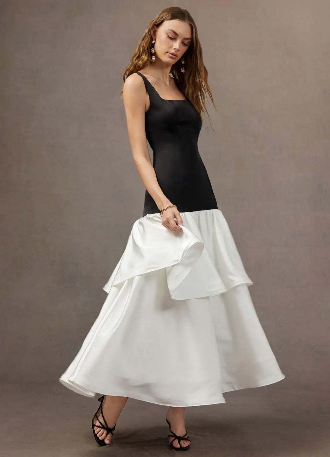 Black Square Neck Satin Ruffled Midi Wedding Dress - Yihuiw by Yihuiw
