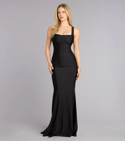Black Mermaid Square Neck Satin Lace-Up Back Train Floor-Length Wedding Dress - Yihuiw by Yihuiw