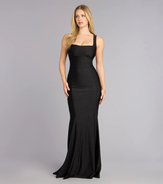 Black Mermaid Square Neck Satin Lace-Up Back Train Floor-Length Wedding Dress - Yihuiw by Yihuiw