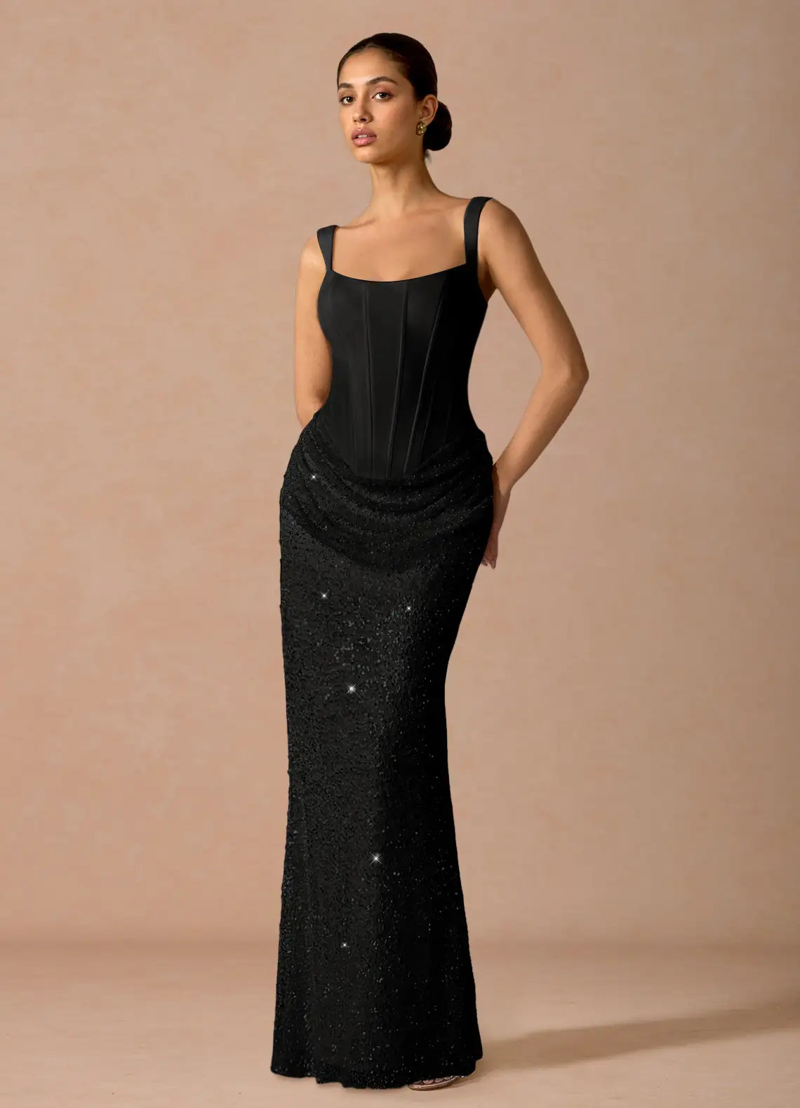 Black Mermaid Square Neck Sequin Lace-Up Back Draped Floor-Length Wedding Dress - Yihuiw by Yihuiw