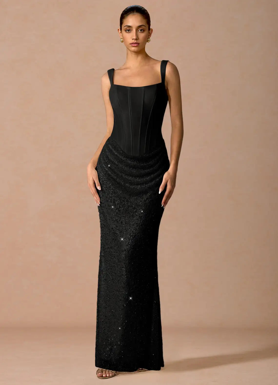 Black Mermaid Square Neck Sequin Lace-Up Back Draped Floor-Length Wedding Dress - Yihuiw by Yihuiw