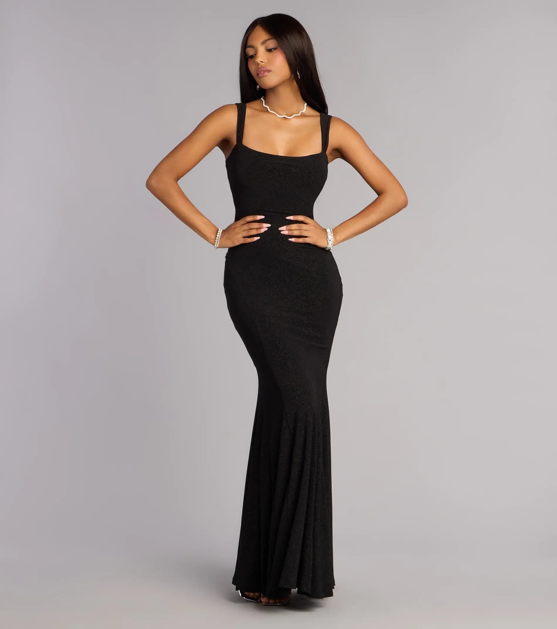 Black Mermaid Square Neck Lace Lace-Up Back Cutout Floor-Length Wedding Dress - Yihuiw by Yihuiw