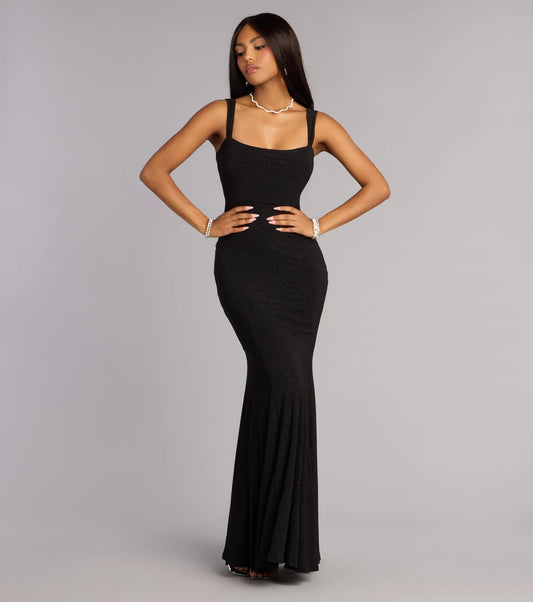 Black Mermaid Square Neck Lace Lace-Up Back Cutout Floor-Length Wedding Dress - Yihuiw by Yihuiw