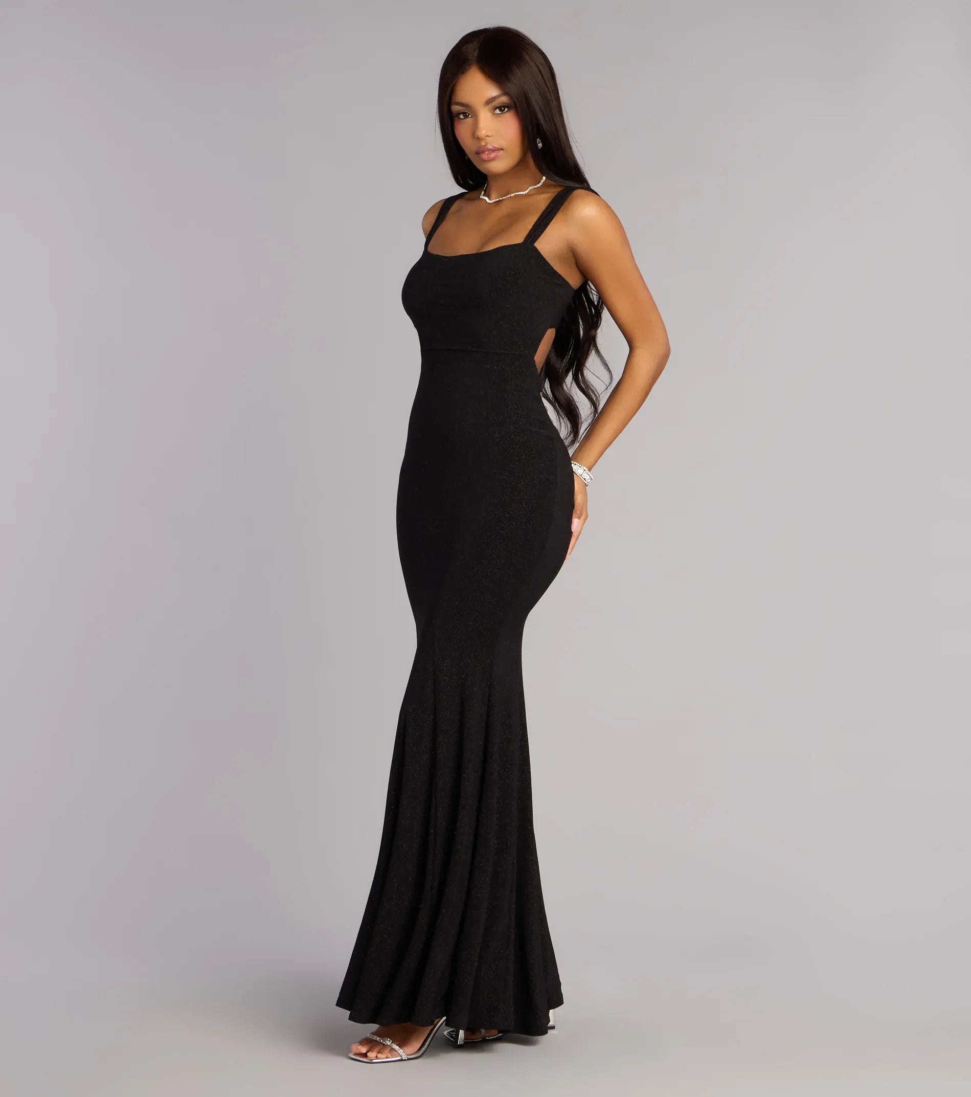 Black Mermaid Square Neck Lace Lace-Up Back Cutout Floor-Length Wedding Dress - Yihuiw by Yihuiw